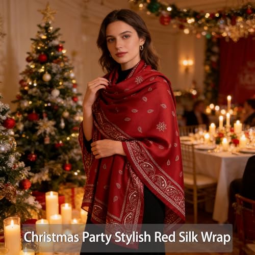 DiaryYomi Silk Wraps for Women, Large Burgundy Paisley Scarf for Fall and Winter Silky Feeling Lightweight Shawl Wraps for Dressy Parties Anniversaries and Evening Events（Style 09） — view 4