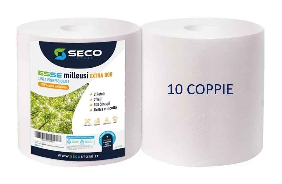 SECOSTORE - 20 Rotoli extra - carta asciugatutto Industriale 2 veli per uso alimentare - 800 strappi per rotolo