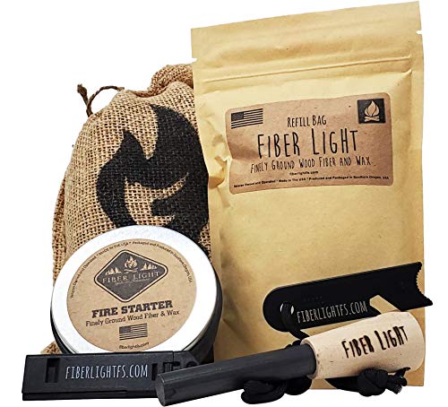 Fiber Light Fire Kit Bundle - Emergency Kit Ferro Rods & Fire Starters, Survival Gear, Camp Fire Starter Kit - Emergency Fire Starter Survival Tool, Fire Striker, Fire Starter Sticks & Refill Bag