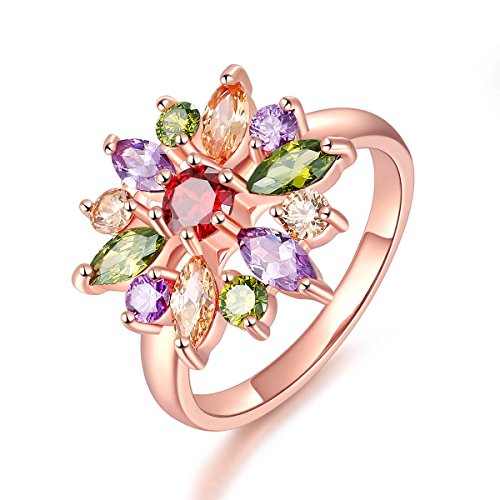 Women's Rose Gold Plated Marquise Round Cut Created Amethyst Peridot Morganite Colorful Flower Rings Wedding Engagement Promise Band CZ Cubic Zirconia Filled Halo for Mom Lover 9#