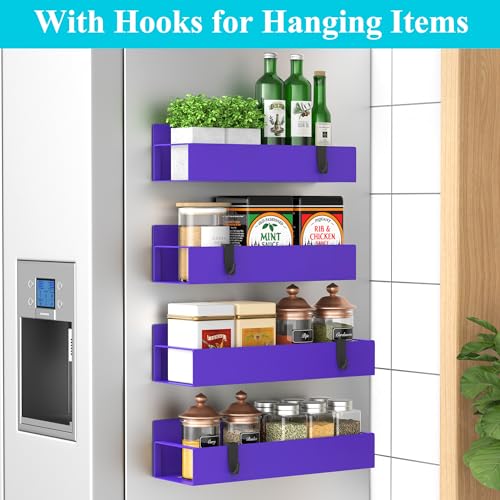 Image of HuggieGems 4 Pack Magnetic Spice Storage Rack Organizer for Refrigerator and Oven, Purple Fridge Organizers and Storage | Magnetic Shelves Heavy Duty for Fridge in Kitchen, Seasoning Storage Organizer, For Oven Washer and Dryer, For Heavier Items