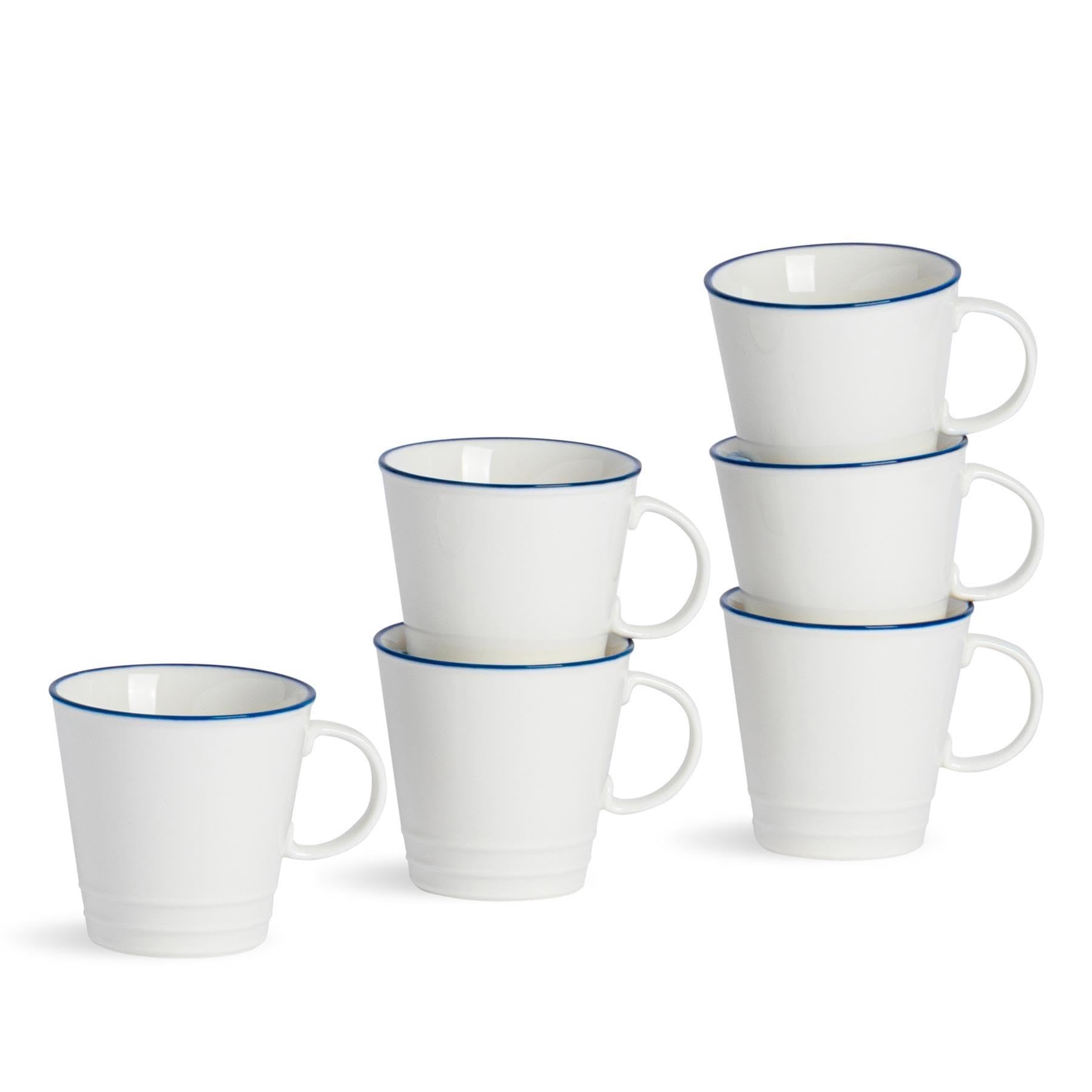 Nicola Spring White With Blue Rims Farmhouse 90Ml Espresso Cups - Set Of 6 White & Blue Porcelain Rustic Country Cottage Coffee Cups With Rolled Rims & Comfort Handles