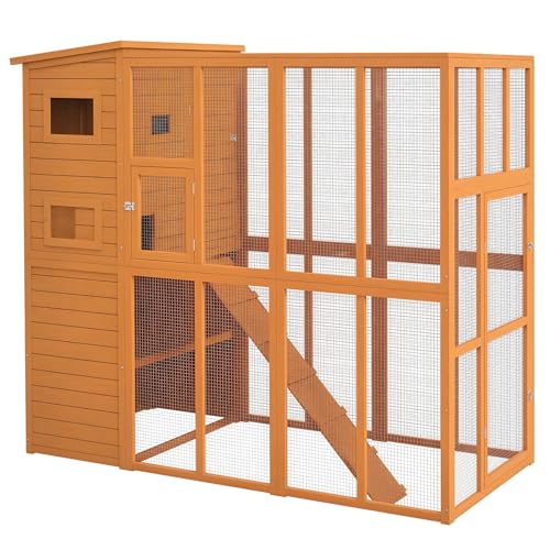 PawHut Catio Outdoor Cat Enclosure, Wooden Cat Patio with Platforms, Waterproof Asphalt Roof, Ramps, 77" L, Natural