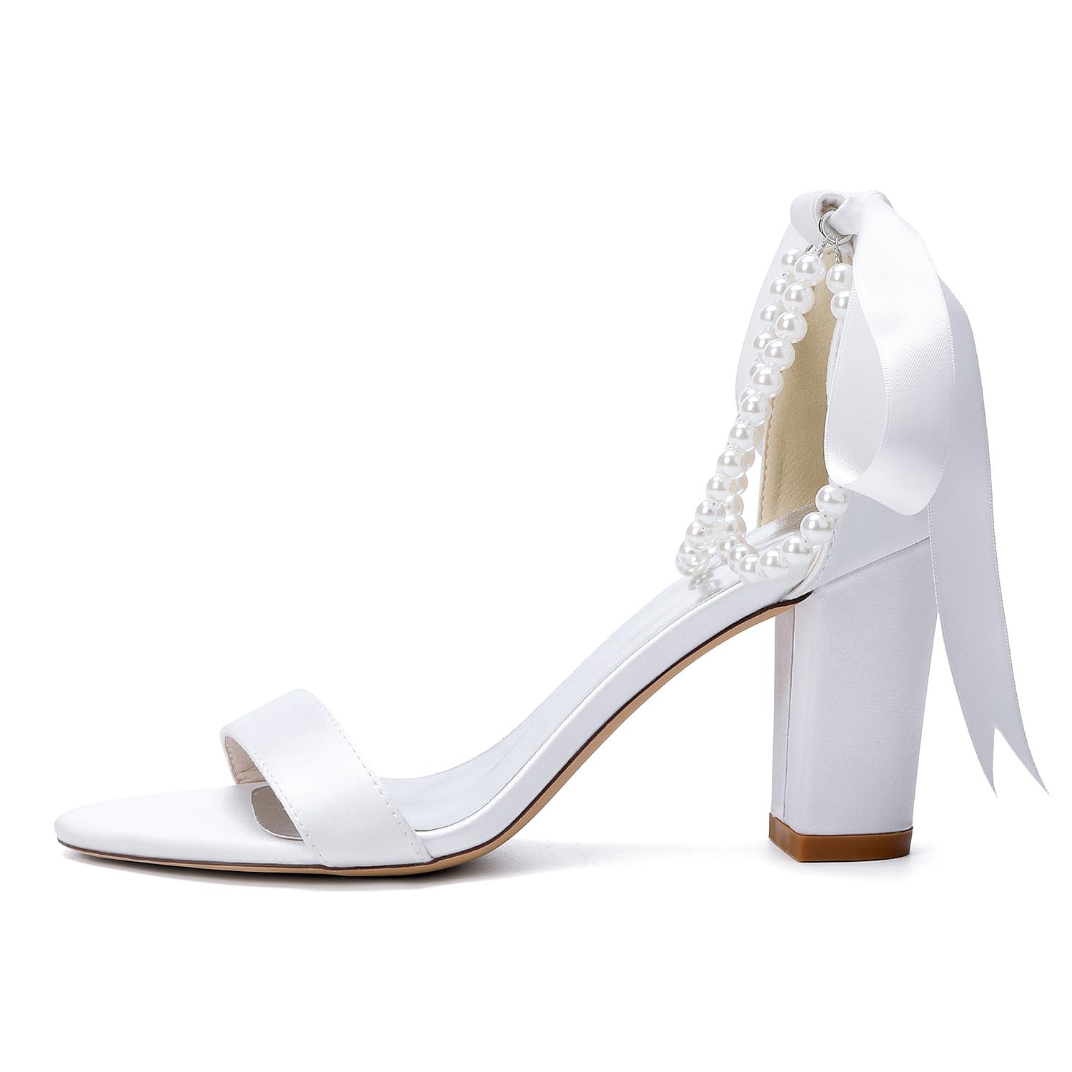 Weiße Satin-Hochzeitssandaletten mit Blockabsatz für Frauen