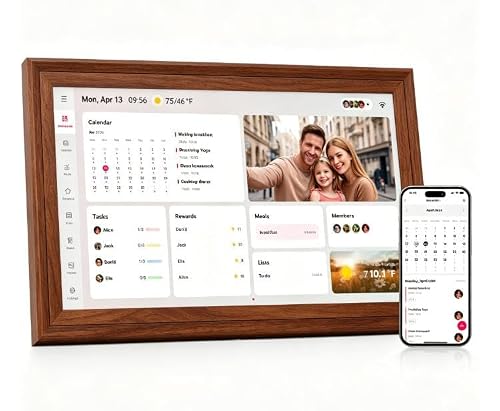 Airzeen Digitaler Kalender, Elektronischer Wandkalender für Familienplaner, Tag, Woche, Monat Planer, 9" Familienkalender mit Bilderrahmen, Aufgaben, Belohnungen, Mahlzeiten, Wetter, Listen, Braun