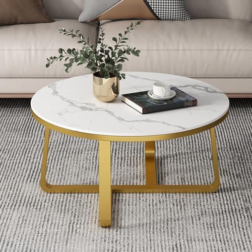 Image of Shoppee Coffee Table - Modern 2-Tier with Faux Marble Top and Gold Metal Frame - Stylish Center Table for Living Room, Sofa Table, Elegant Cocktail Table for Home, Office, White & Gold