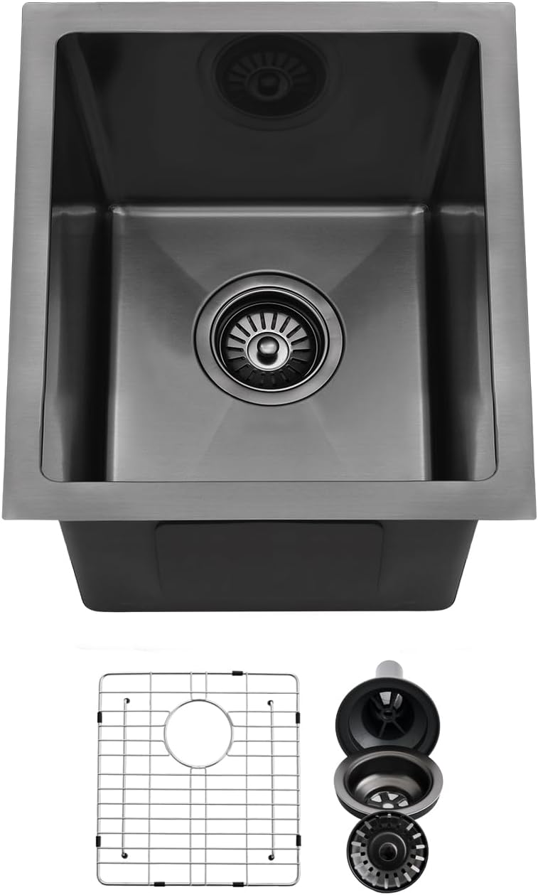 13 Inch Black Small Undermount Bar Sink, Swift Horse 13"x15" 16Gauge