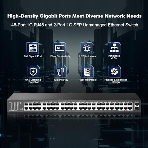 Image of MokerLink 48 Port Gigabit Ethernet Switch with 2 Gigabit SFP Port, Fanless Metal Rackmount Unmanaged Plug and Play Network Switch