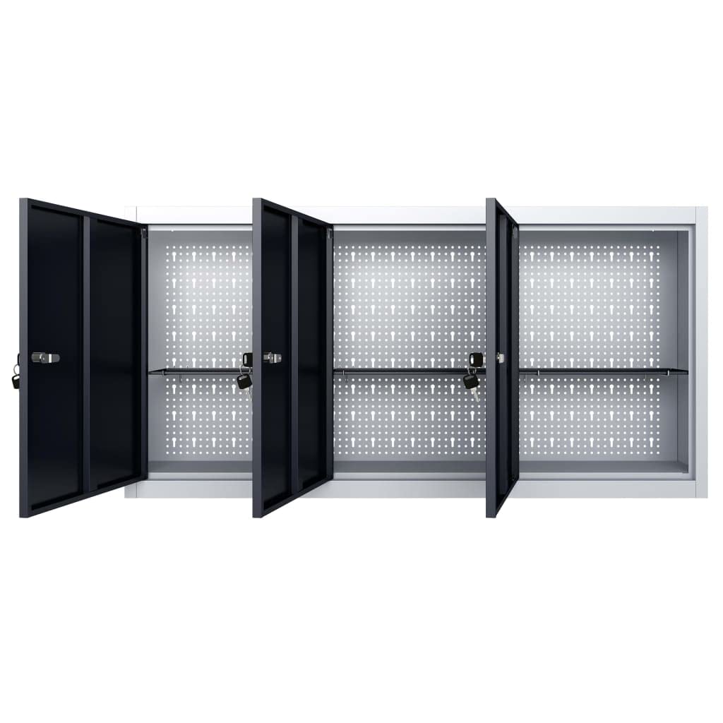 Armario para herramientas de pared, diseño industrial, metal gris y negro, armario colgante con 3 puertas con cerradura y estantes ajustables para taller, armario para garaje