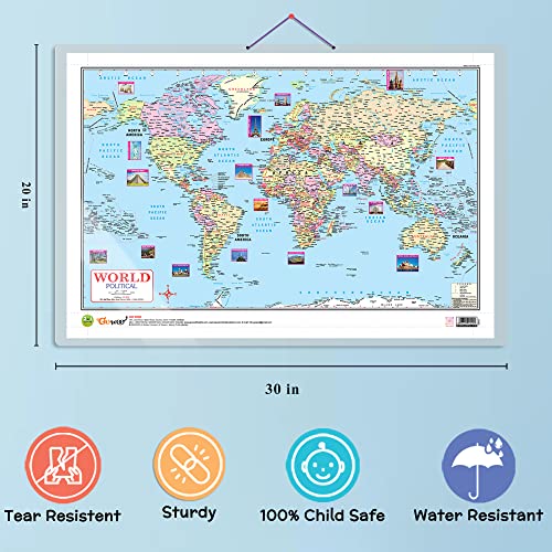 Image of 2 IN 1 WORLD POLITICAL AND PHYSICAL MAP IN ENGLISH Charts with Big font and Dust resistant Lamination | 300 GSM Recyclable Charts