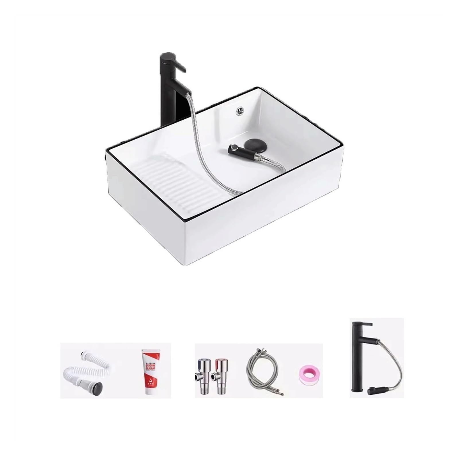 Hpthly Bathroom Sink Nordic Balcony Household Wash Basin Above The Basin Side Drain Single Basin Bathroom With Washboard Ceramic Wash Basin Vessel Sinks