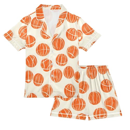 ALAZA Orange Basketball Sport Satin Pajamas Set Short Sleeve Button Down Sleepwear Summer Pjs 2 Piece