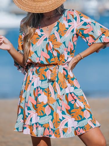 Image of CUPSHE Beach Dress for Women Casual Summer V Neck Tropical Half Sleeves Belted Ruffled Vacation Mini Dress