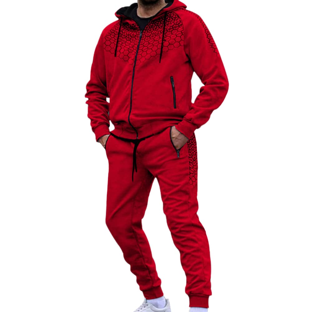 GUOCU Tuta da Jogging Uomo Tuta Sportiva 2 Pezzi Zip Felpa con Cappuccio a Maniche Lunghe+Pantaloni Sportivi,Completi Sportivi Giacca Stampato e Jogging Fitness Pantaloni Tute da Ginnastica Casual