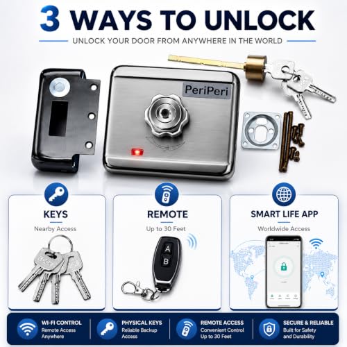 Image of PeriPeri Wi-Fi Smart Electronic Motorised Door Lock with Smart Life App Control, Alexa & Google Assistant Compatible, Security Lock for Door, Main Gate, Indoor & Outdoor, 1 Remote, 1-Year Warranty