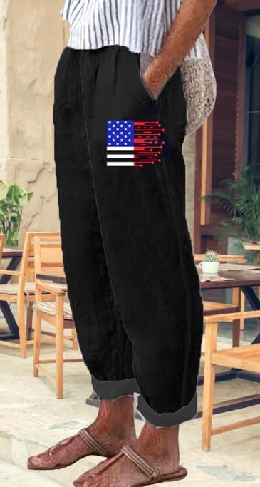 Women's Summer Boho Pant Casual Floral Print Cotton Linen Baggy Pants with Elastic Waist Relax Loose Fit Trouser - Image 2