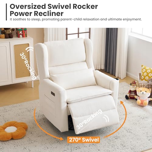 Image of Power Recliner Chair Swivel Glider with Adjustable Headrest,Oversized Swivel Rocker Recliner with Lumbar Support, Upholstered Nursery Glider Recliner for Living Room,White