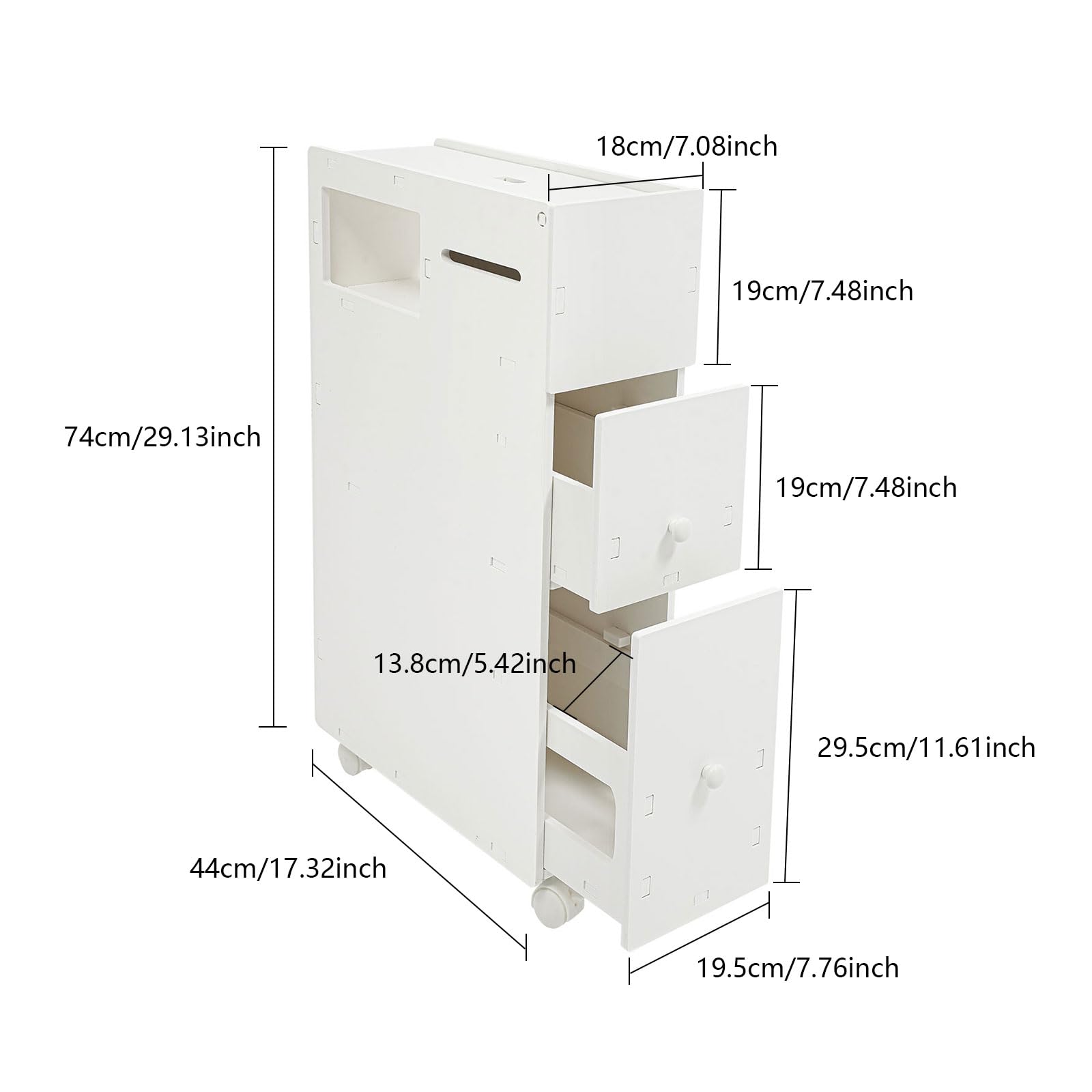 Armoire de Salle de Bain 44x19,5x74cm,2 tiroirs Roues verrouillables