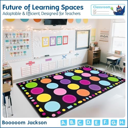 Boooooom Jackson Classroom Rug - 7'6''x13'12'' Circle Dot Seating Square Preschool Classroom Carpet, Non-Slip & Stain Resistant, 20X Easy Clean, Thick Nylon Kids Playroom Floor Mat - Image 6