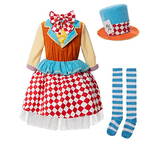 Ltakk Mad Hatter Cosplay Costume Girls Halloween Kids Costume Plaid Skirt Full Set With Tights, Hat #TOP1