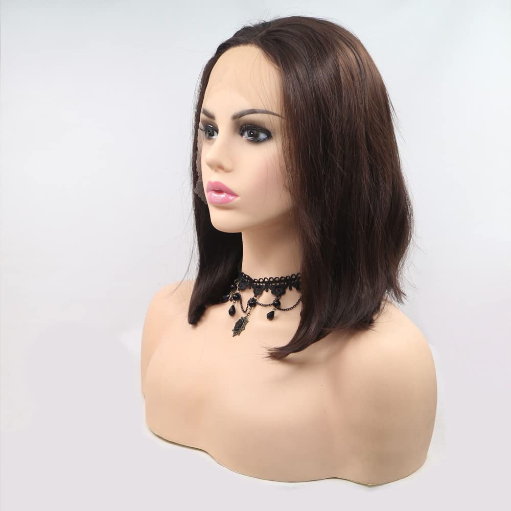 Xiweiya Wigs 14" Inches Straight Short Bob Wig Dark Brown Hair Synthetic Lace Front Wig Black Brown Color with Middle Part Heat Resistant Fiber Hair for Women,Drag Queen Family Makeup Party Wear - Image 2