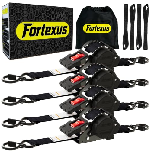Fortexus Retractable Ratchet Straps 1 x 12 ft Tie Downs Automatic Ratchet Straps 1760lb Break Strength for ATV Trailer Motorcycle Scooter Pickup Truck UTV Kayak(Black Red 4 Pack)