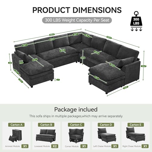 Image of 110 inch Sectional Couches with Double Chaises, Comfy Deep Dual-Layer Cushion Couch, 9 Seater Oversize Couch, Modern Modular Sofa, Chenille Sofas for Living Room, Apartment, Grey