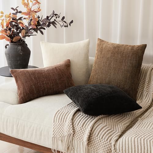 Image of Foindtower Set of 2 Soft Textured Chenille Throw Decorative Pillow Covers Square Accent Solid Cushion Cover Cozy Neutral Farmhouse Pillow Case for Couch Sofa Bedroom Living Room 22x22 Inch,Dark Bronze