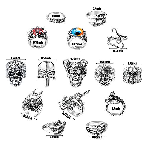 PANTIDE 16Pcs Vintage Silver Punk Rings Set for Men Women, Gothic Alloy Biker Adjustable Rings, Halloween Skeleton Skull Evil Eye Dragon Claw Octopus Dragon Knuckle Stacking Circlet Jewelry2