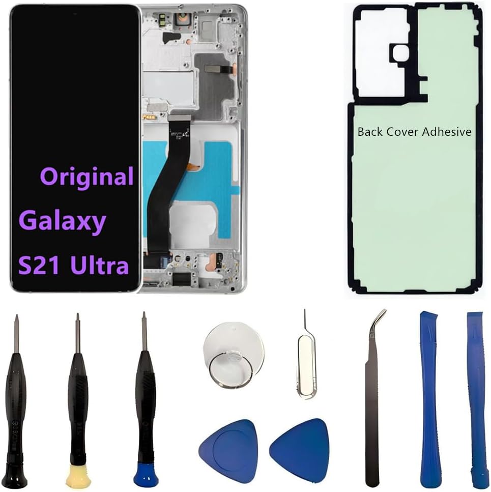Original 6.8" AMOLED Display for Samsung Galaxy S21 Ultra Screen Replacement OEM S21Ultra 5G SM-S998U SM-S998U1 Display Touch Screen Digitizer Assembly (with Silver Frame+Back Cover Adhesive+Tools)