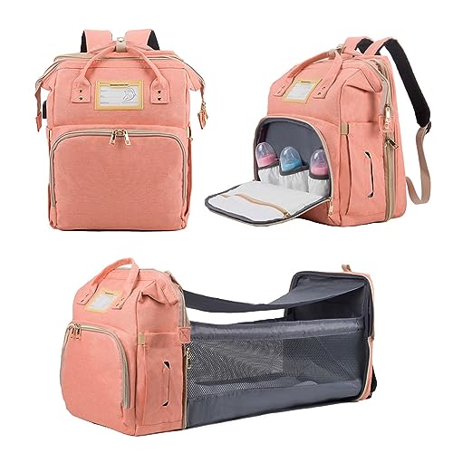 Azooken Sac à Dos à Langer pour Bébé,Sac à Dos Pour lit bébé,Sac à langer de voyage portable avec lit pliable Grande Capacité Sac à Couches Multifonction Imperméable(Rose)