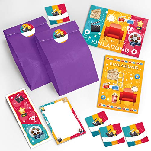 14 Einladungskarten Kindergeburtstag Kino-Party gelb Einladungen Mädchen Jungen incl. 14 Umschläge, 14 Geschenktüten / lila, 14 Aufkleber, 14 Lesezeichen, 14 Blöcke Mitgebsel Gastgeschenke