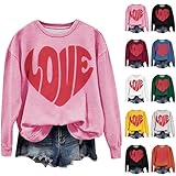 TYISZIL valentines shirts for women lightning deals of today prime Valentines Day Shirts for Women Long Sleeve Funny Love Heart Print Crewneck Sweatshirts Loose Comfy Pullover Top Pink M