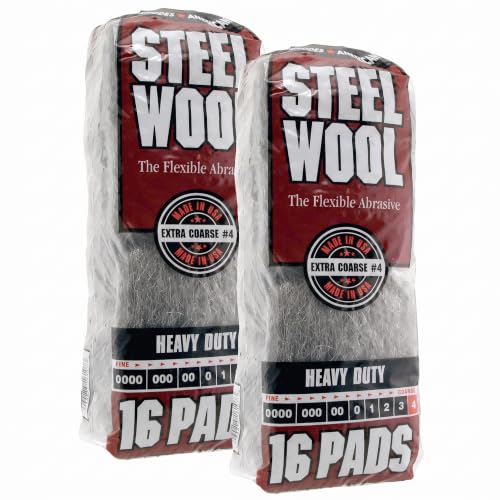 Homax 33873161073 Steel Wool, 16 pad, Extra Coarse Grade #4, Rhodes American, Heavy Duty Steel Wool (Packaging May Vary) (Pack of 2)
