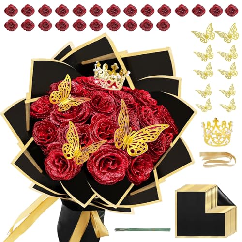 24 Stück Glitzer-Rosenstrauß, Glitzer Rosen, DIY Künstlicher Rosenblumenstrauß (mit Krone, Schmetterling), Künstliche Rosensträuße für Muttertag, Geburtstag, Hochzeit, Jahrestag, Valentinstag