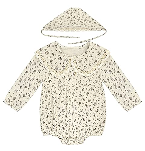 Baby Girl Fall Clothes Outfits Cute Long Sleeve Ruffles Embroidered Bubble Romper Lapel Jumpsuit Bodysuit with Hat