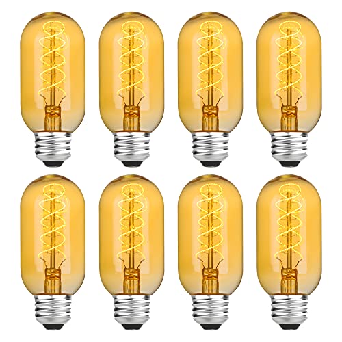 AMDTU Edison Bulbs 25 Watt E26 Base, Super Thin Spiral Filament Non-Dimmable, 25W Tubular Incandescent Light Bulb Replacement Soft Warm 2200K, T45 Amber Glass Retro LED Bulb 4W, 8 Pack