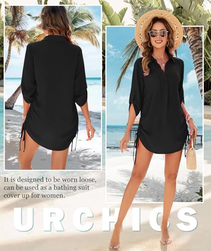 Urchics Swimsuit Coverup for Women 2025 Drawstring V Neck Bikini Swimwear Beach Cover Up Beach Shirt Dress2