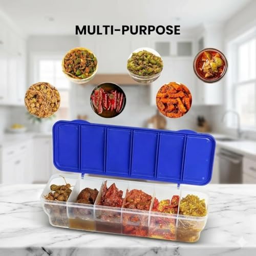 Image of HomeWiz 6 Section Masala Box 1200ml | BPA-Free Large Airtight Masala Dabba | Food Grade Transparent Spice Container for Kitchen | Masala Container Set with Measuring Spoons | Each Compartment 200ml