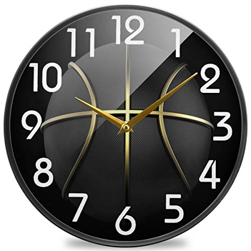 Naanle 3D Black Basketball with Gold Line Round Wall Clock, 12 Inch Silent Battery Operated Quartz Analog Quiet Desk Clock for Home,Office,School