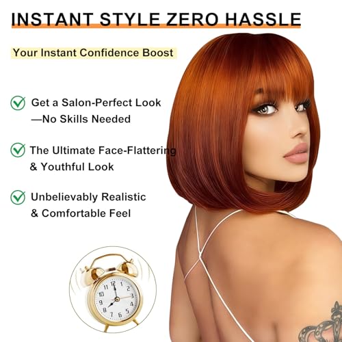 Sarensall Ginger Bob Wig with Bangs for Women Short Orange Wigs Natural Fashion Synthetic Wig for Daily Halloween Cosplay Colorful Costume Wig Use 12 Inch — view 5