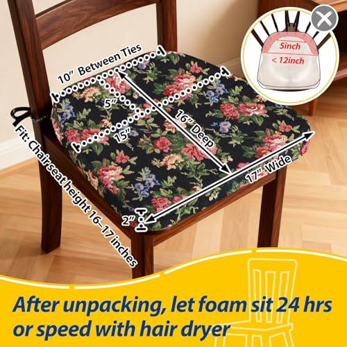 Image of AAAAAcessories D-Shaped Chair Cushions, 2 inch Thick Dining Chair Pads with Ties and Removable, Machine-Washable Cover, 17 inch x 16 inch, Set of 2, Night-Blooming Blossoms