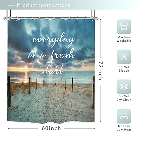 Riyidecor Ocean Beach Quote Shower Curtain 60Wx72H Inch Seaside Sunset Scenic Blue Sky Inspirational Nature Sunlight Landscape Sand Sea Bathroom Decor Polyester Waterproof 12 Pack Hooks - Image 2