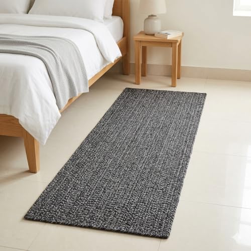 Image of Handmade Cotton Braided 2x4 feet Runner Rug - Washable, Low Pile Reversible Floor Mat for Bedroom, Kitchen, Entryway & Living Room - Eco-Friendly Woven Carpet - (Charcoal, Rect)