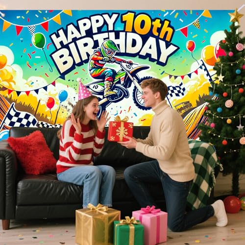 Image of Nuxovilar Happy 10th Birthday Banner Backdrop 71 inchx43 Polyester | Celebrate Party Supplies, Celebration Decor. Dirt Bike Birthday Party Decorations. Yard, Garage, Room. (Dirt Bike 10th)