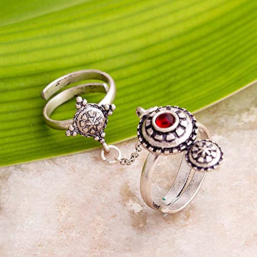Image of Voylla Brass Silver Oxidised Adjustable Two Finger Ring with Red Stone for Women and Girls