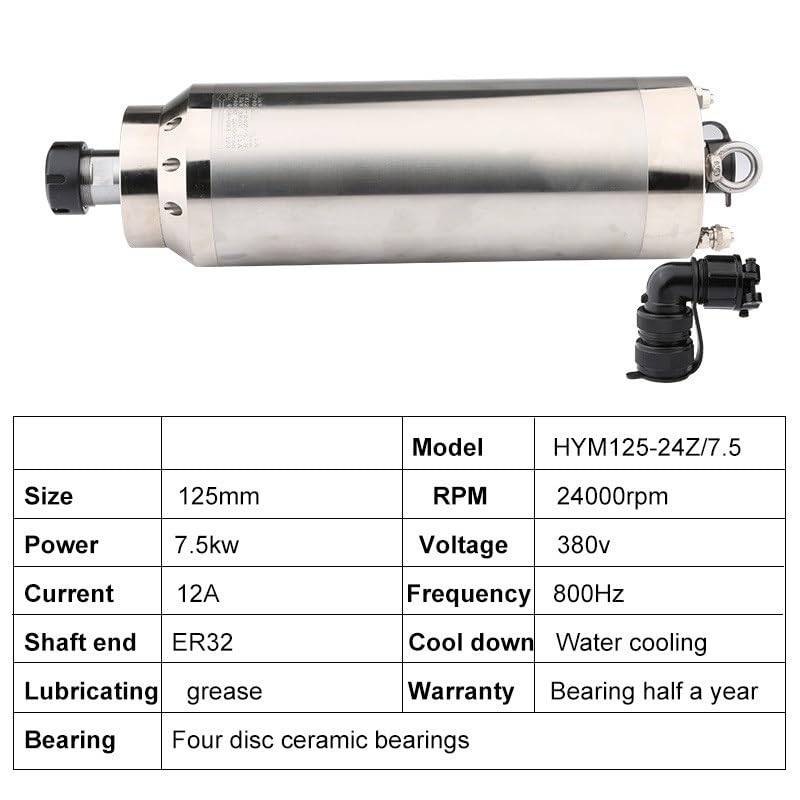 WAAZVXS 125-24Z/5.5kw CNC Spindle Motor ER32 Water-Cooled Spindle D125mm Ceramic Ball Bearing for Router Metal Milling Tool (Color : 7.5kw ER32 380V, Size : D125mm)
