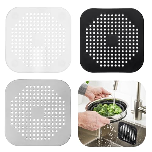 Coptiner Silicone Drain Strainer with Sucker, 3 Pcs Shower Drain Covers Plug, Bath Filter Trap, Hair Catcher Stopper set, Kitchen Sink Strainer, Drain Protector for Bathroom Bathtub Pet Hair