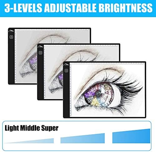 Three light pads showing different brightness levels: Light, Middle, and Super.