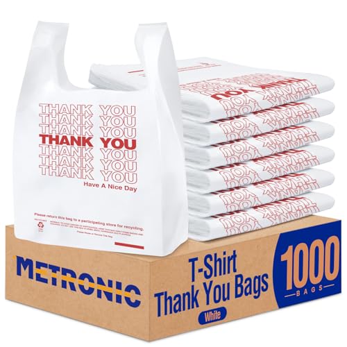 METRONIC 1000 Count White Thank You Bags with Handles, 11.5' x 6.5' x 21' Plastic Carry Bags for Retail, Supermarket, Grocery Shopping Bag for T-shirt Packaging, Takeout, Convenience Stores, in Bulk